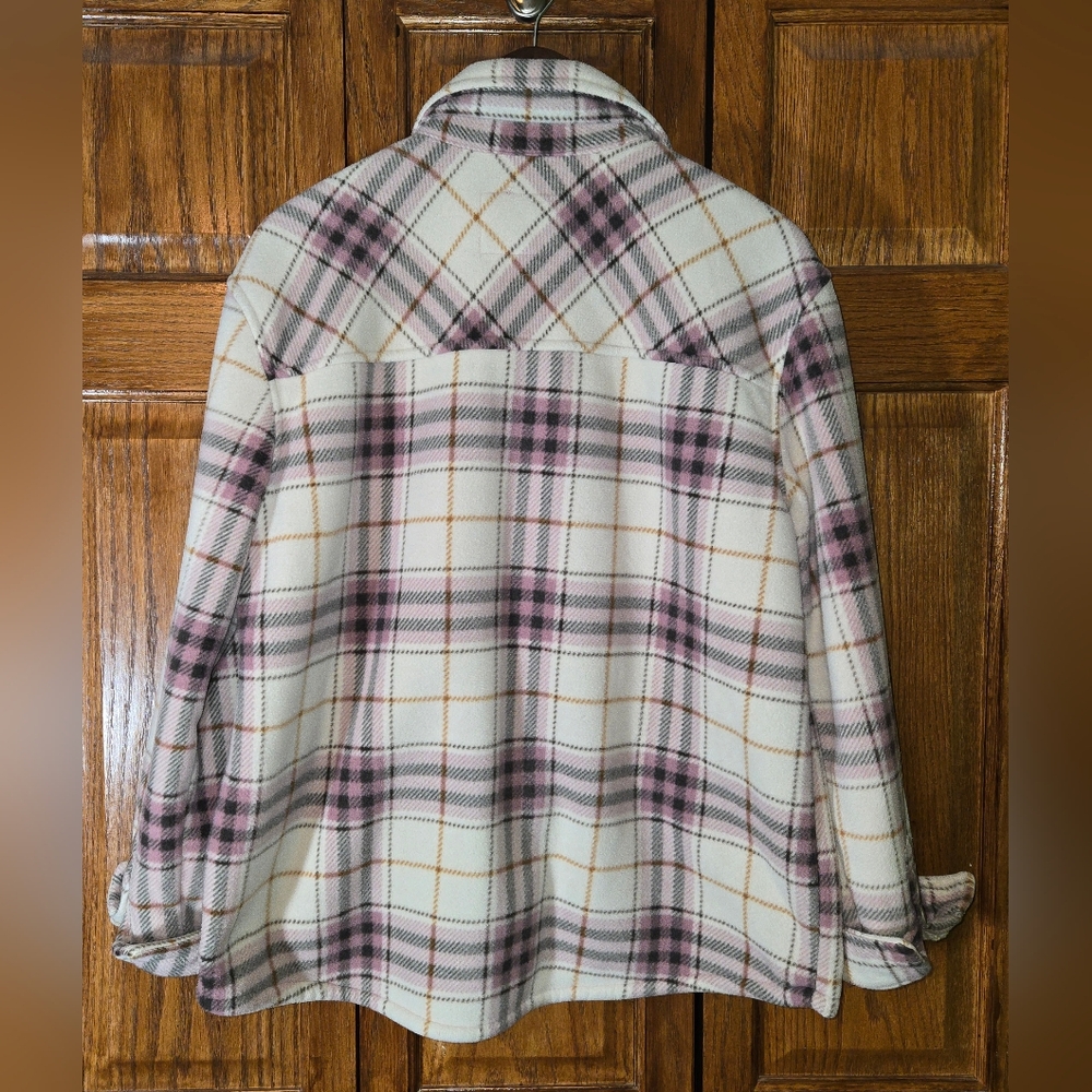 Sage Button Up Fleece Sherpa Shirt Jacket Plaid Pink Tan Pockets Size L - Picture 4 of 4